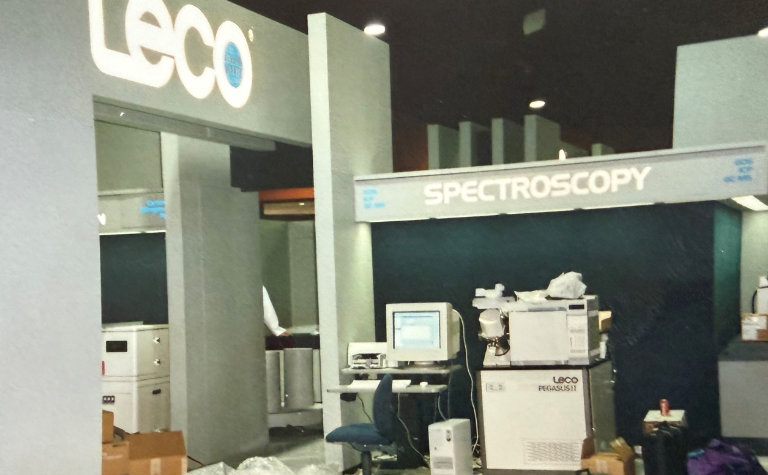 old LECO instrument (Pegasus 2) set up at a tradeshow.