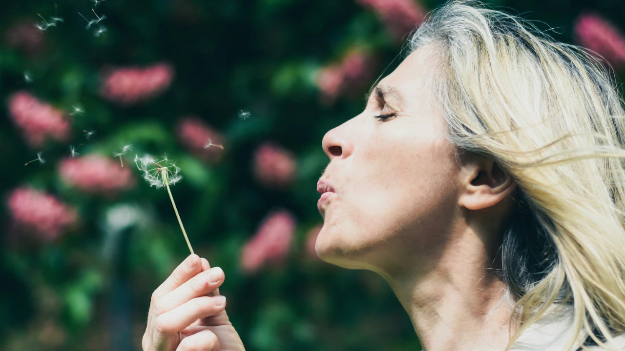 female individual exhaling breath demonstrated by dandelion seeds