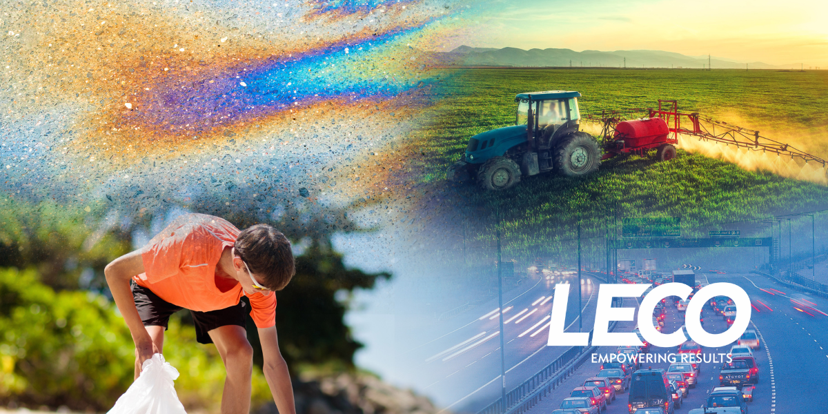 Depiction of environmental scenes with an oil spill, pesticides, trash and traffic on a highway